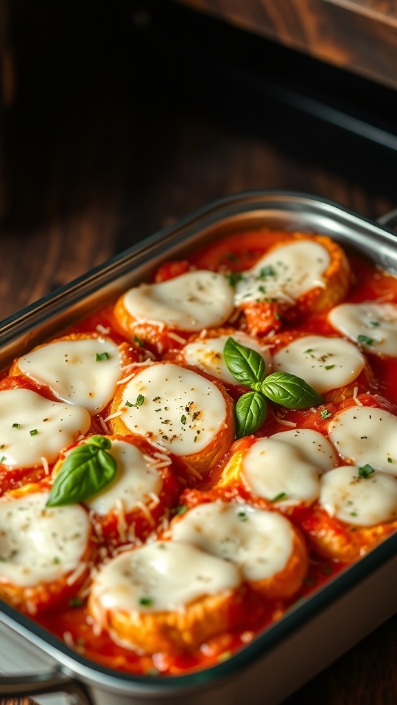 Garlic Bread Leftover Recipe A cheesy garlic bread casserole with marinara sauce and fresh basil, served in a rustic dish.